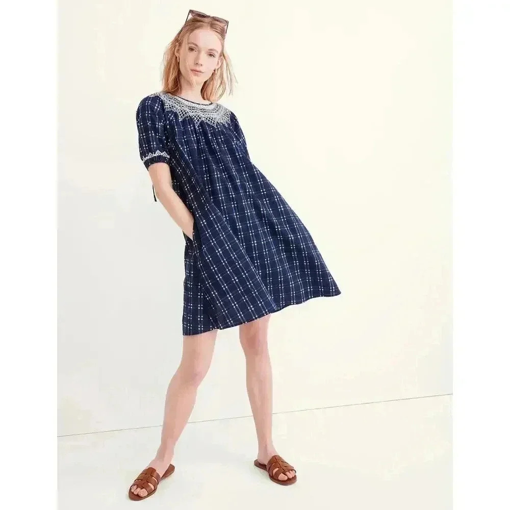 Madewell 100% Cotton Embroidered Puff-Sleeve Babydoll Dress in Indigo Plaid S